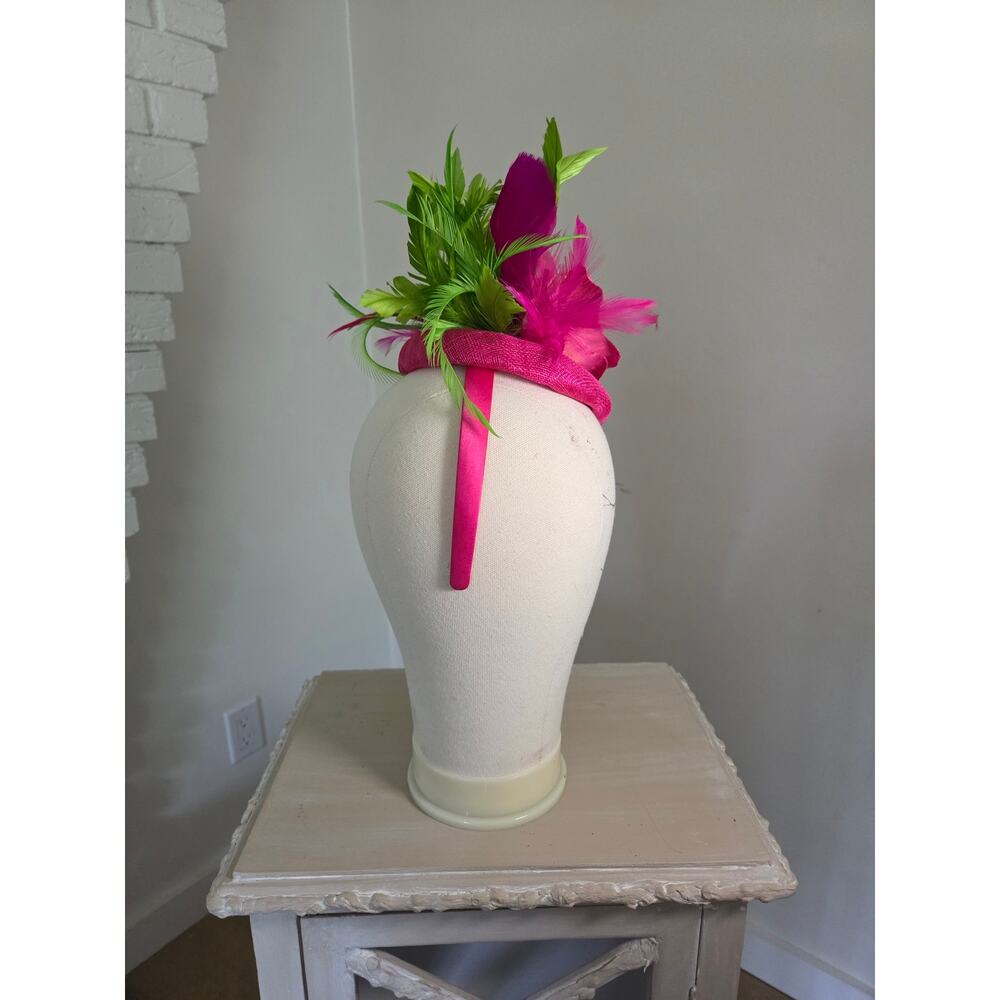 Custom Handmade Fuschia Lime Green Kentucky Derby Hat Fascinator Satin Headband - Picture 5 of 7